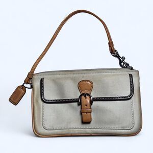 Vtg Coach Small Pouch Wristlet Tan Cream Bag Card Holder Red Interior Flap